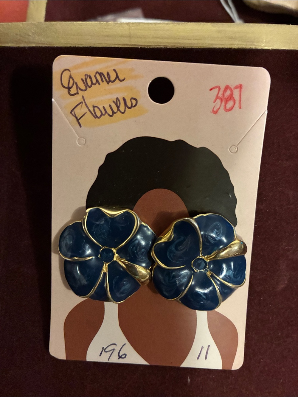 Earrings— Blue Enamel Flower with Gold Trim